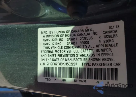 2019 Honda Civic Sport from USA, damaged, VIN 2HGFC2F89KH502287